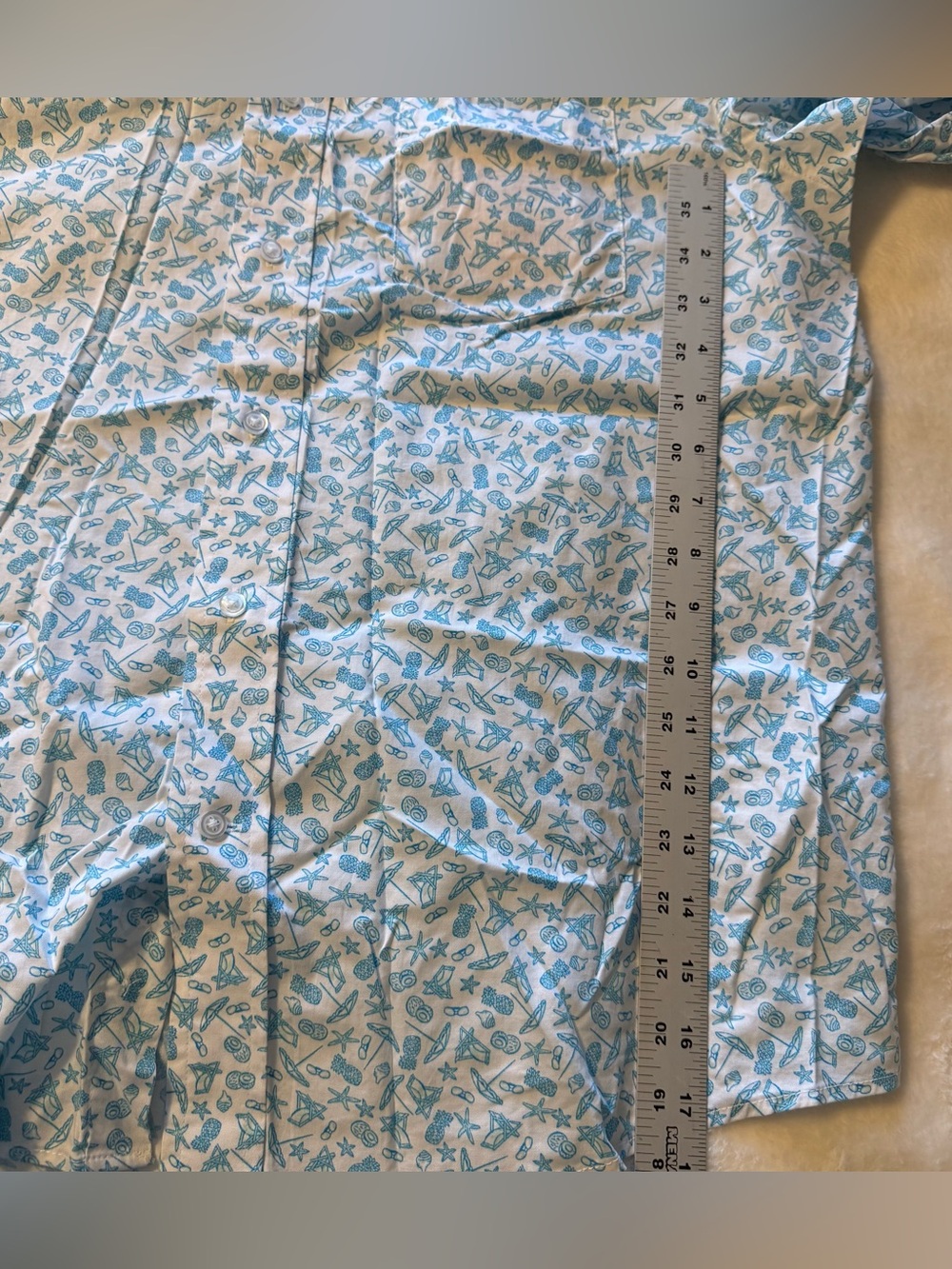 George Short-Sleeve Button-Down Shirt in White & Light Sea Blue Print Large - Picture 5 of 7
